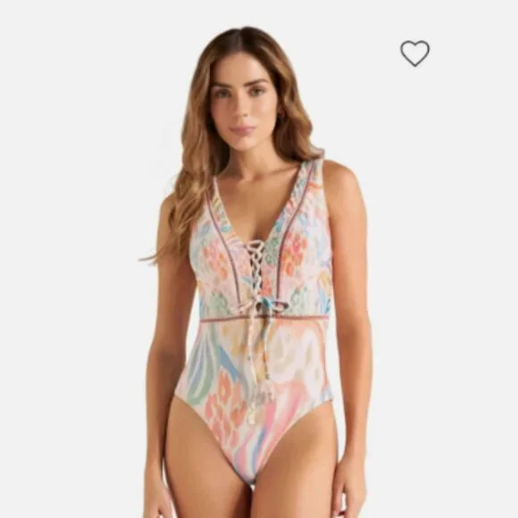 NWT Cosita Linda Sweet Sunset Beaded Plunge One Piece Swimsuit | Medium | Luxury - Picture 1 of 8